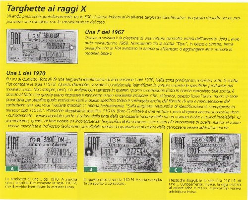 Questo è un paragrafo che spiega appunto le targhette identificative! E' tratto dal libro &quot;FIAT 500 Guida al restauro&quot; di Giorgio Nada editore. NOTARE LA TERZA TARGHETTA CHE è DI UNA L ED HA IL NUMERO COLORE